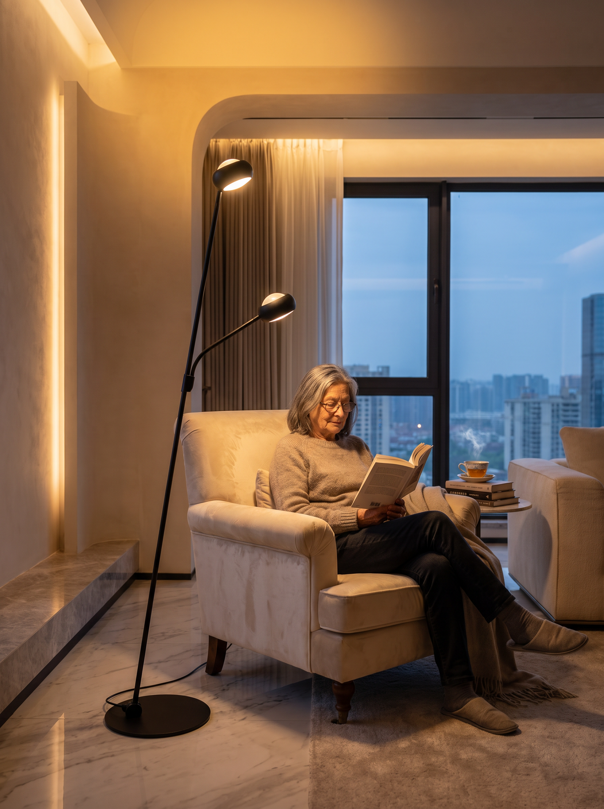 Arc floor lamp with two independently angled heads