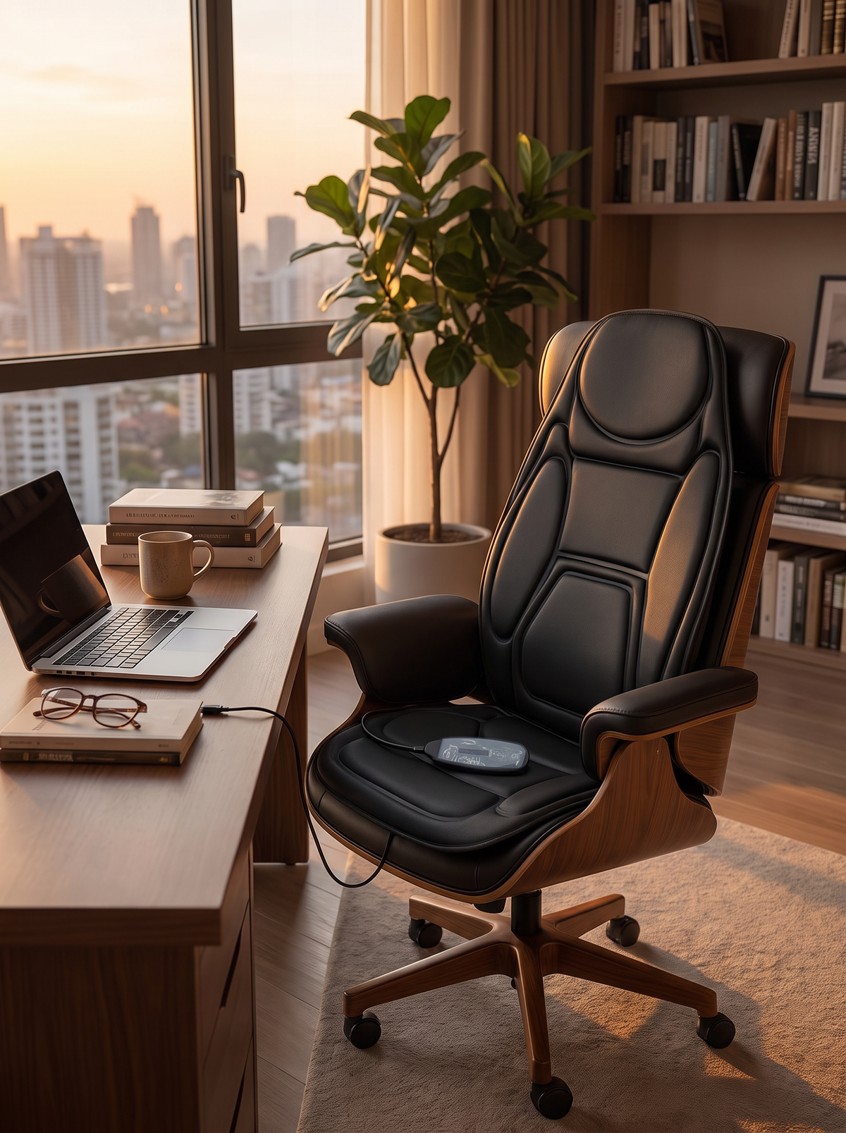 Massage seat cushion fitted to a home office chair