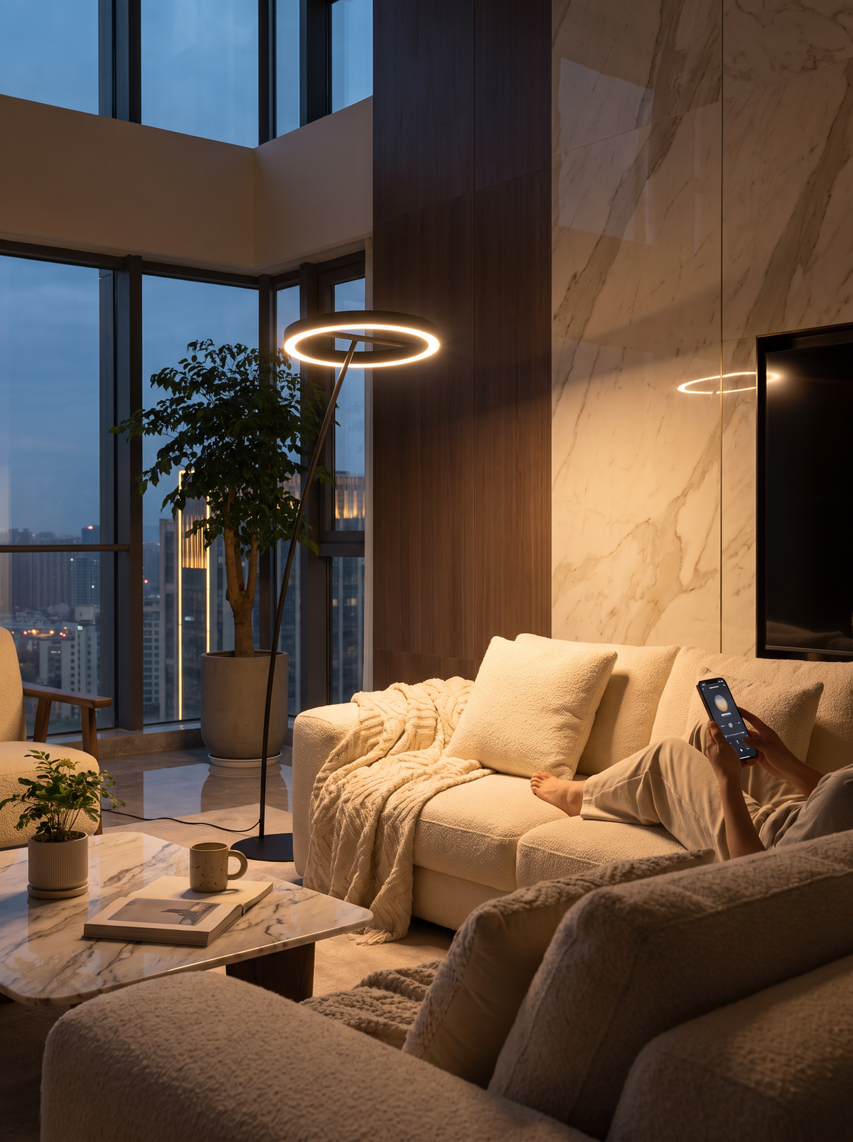 Remote control floor lamp beside a sofa