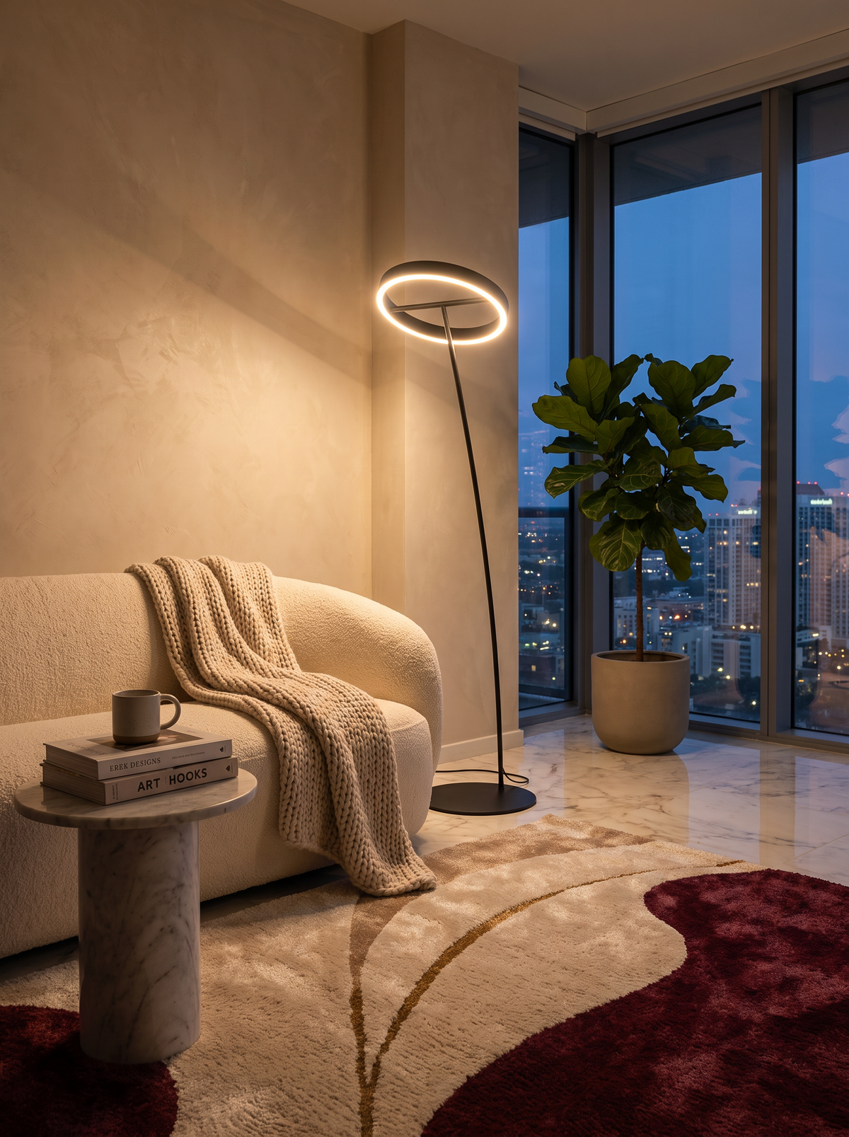 LED floor lamp lighting a dark living room corner