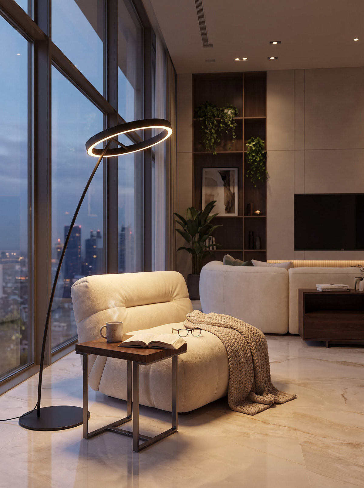 Floor lamp set to a warm evening light