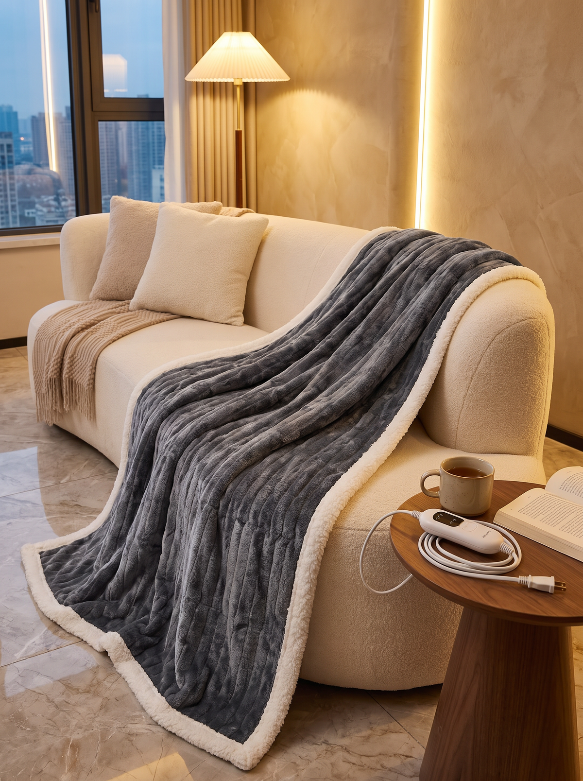 Heated throw and its controller on a sofa