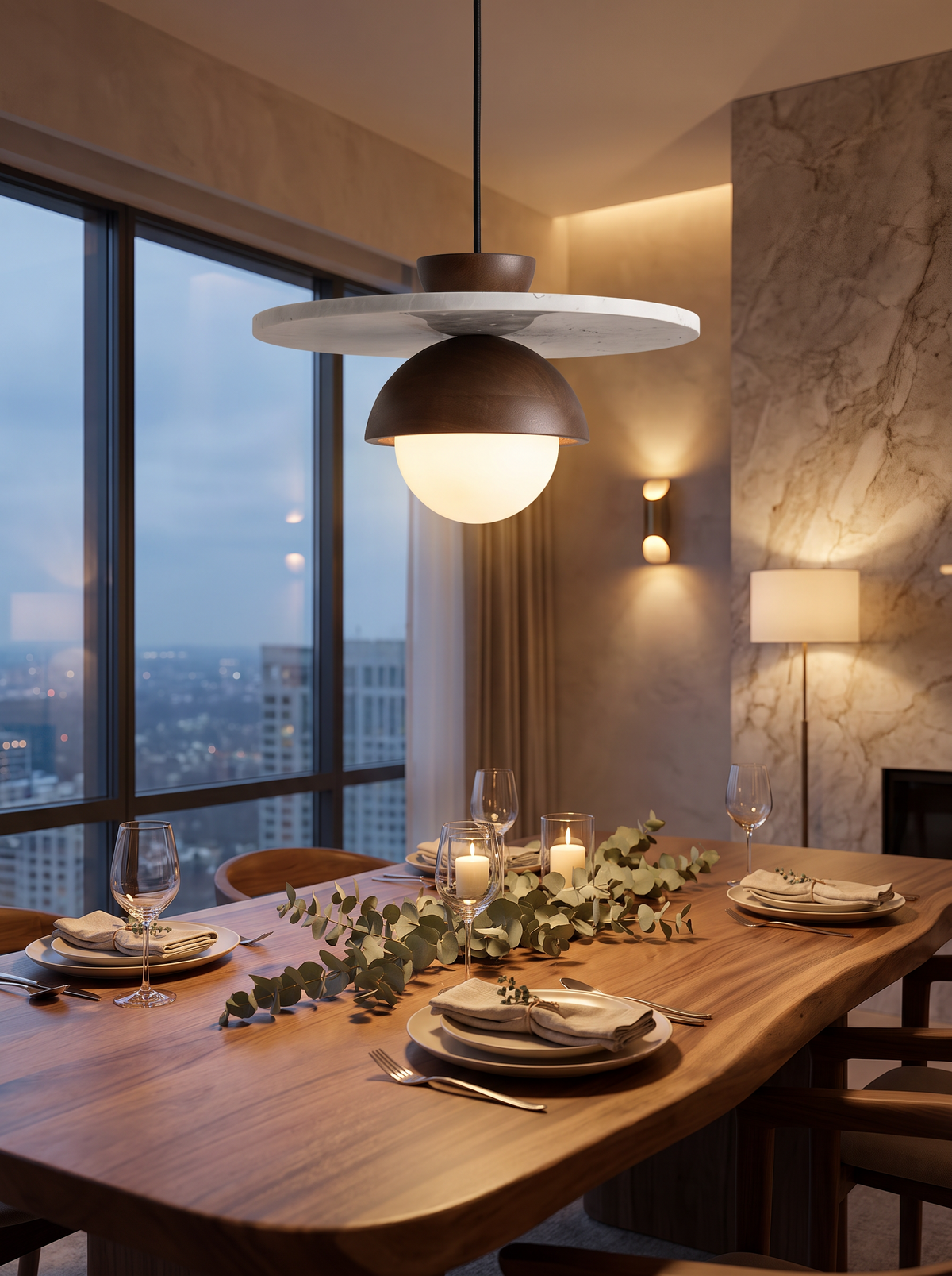 Linear chandelier lighting the length of a dining table