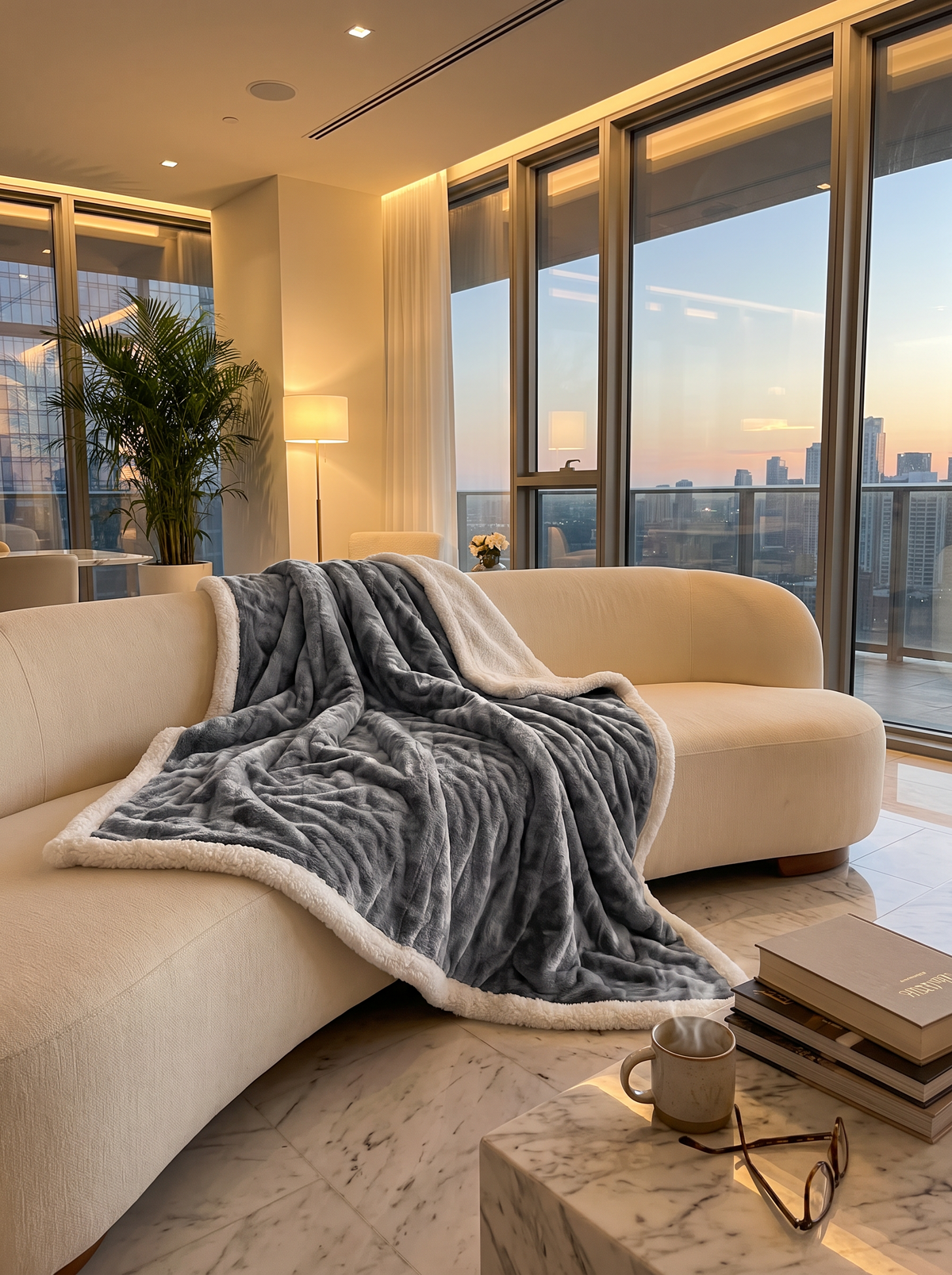 Wearable heated throw draped over a sofa