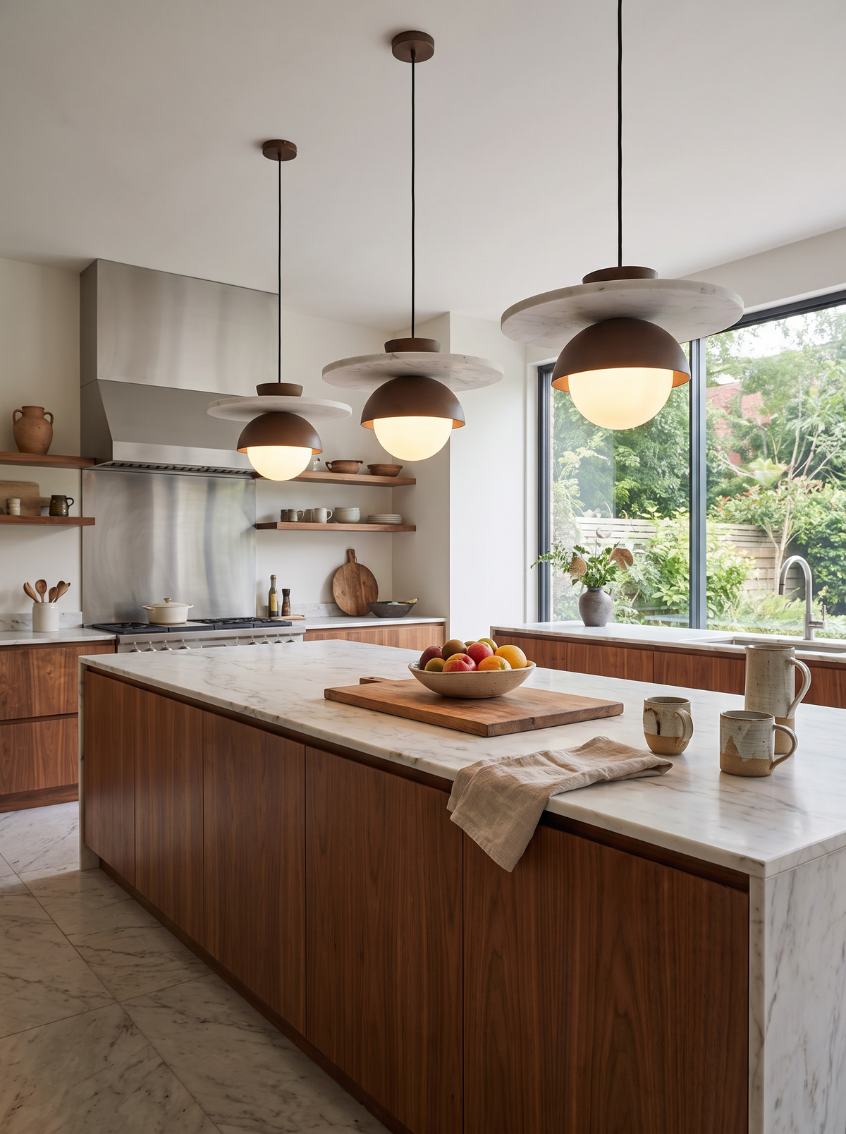 Long linear light fixture over a kitchen island