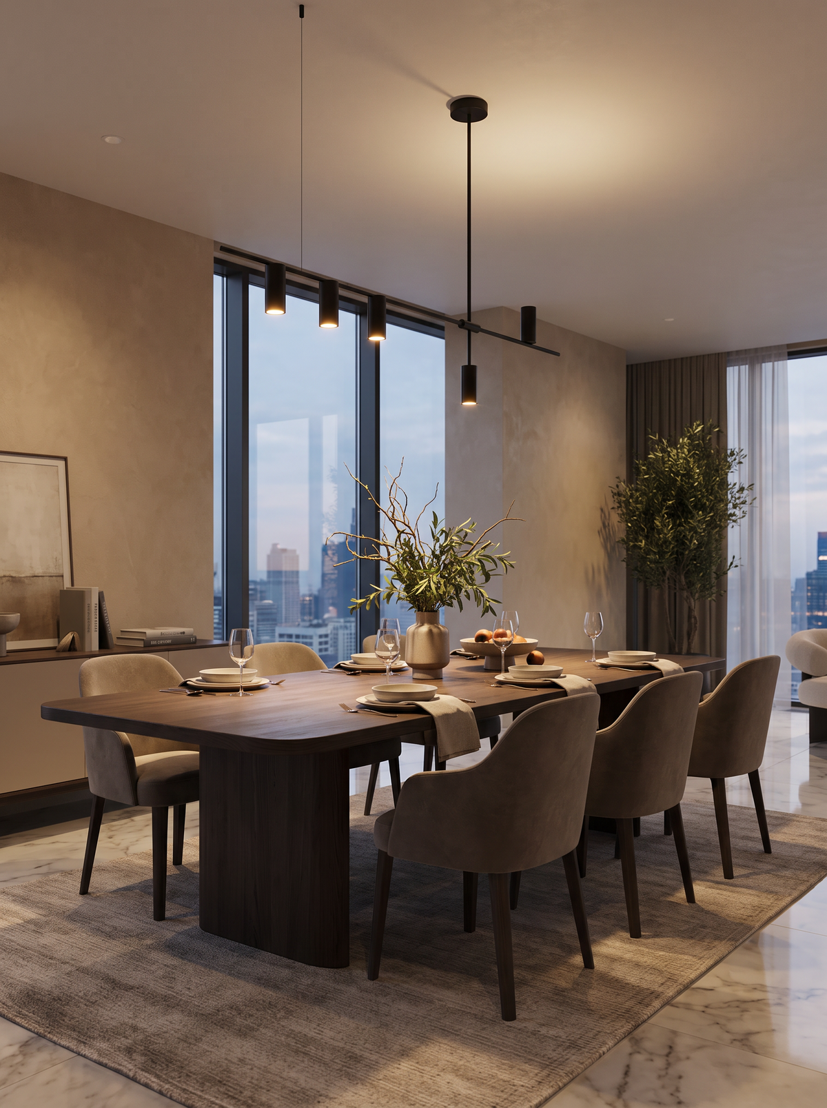 Understated pendant light in a neutral interior