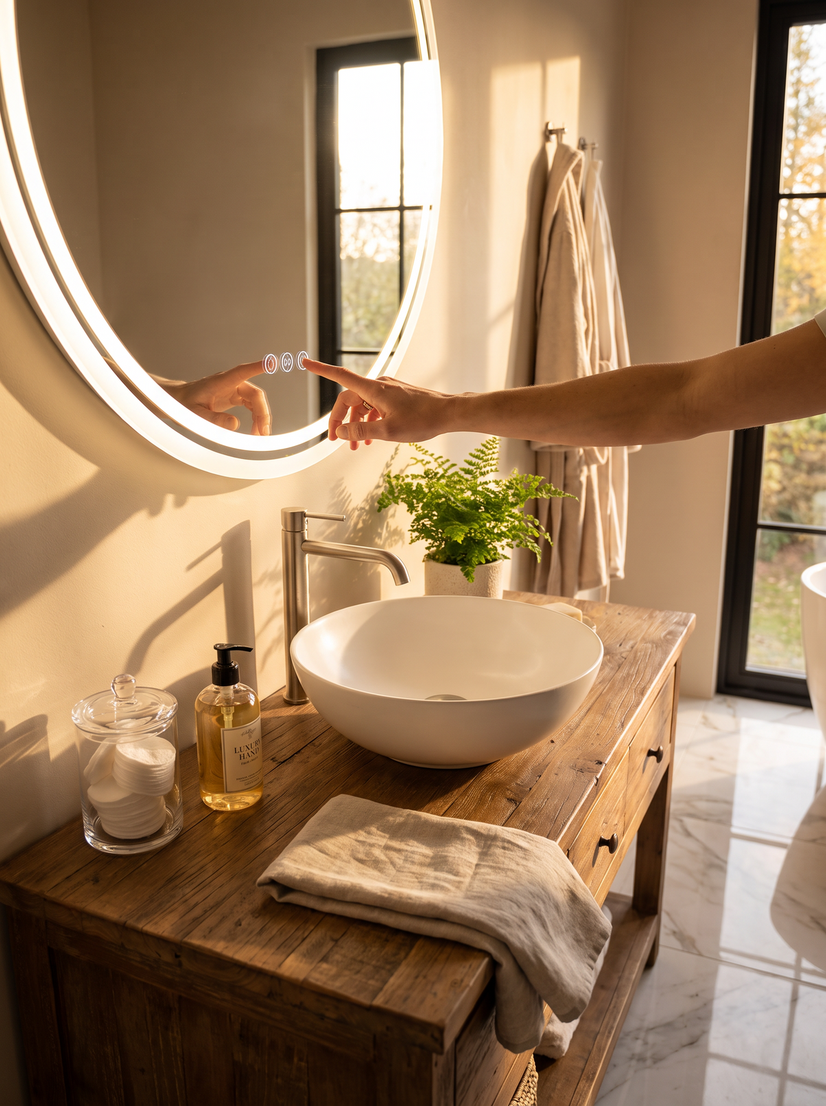 Hand touching the control on an LED bathroom mirror