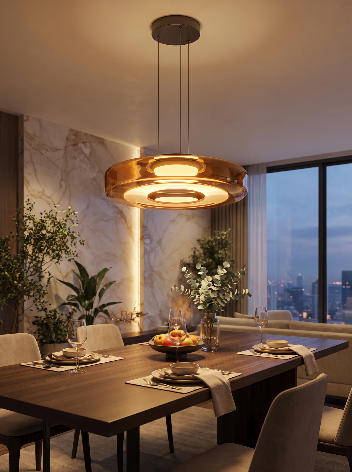 Sculptural glass pendant above a dining table