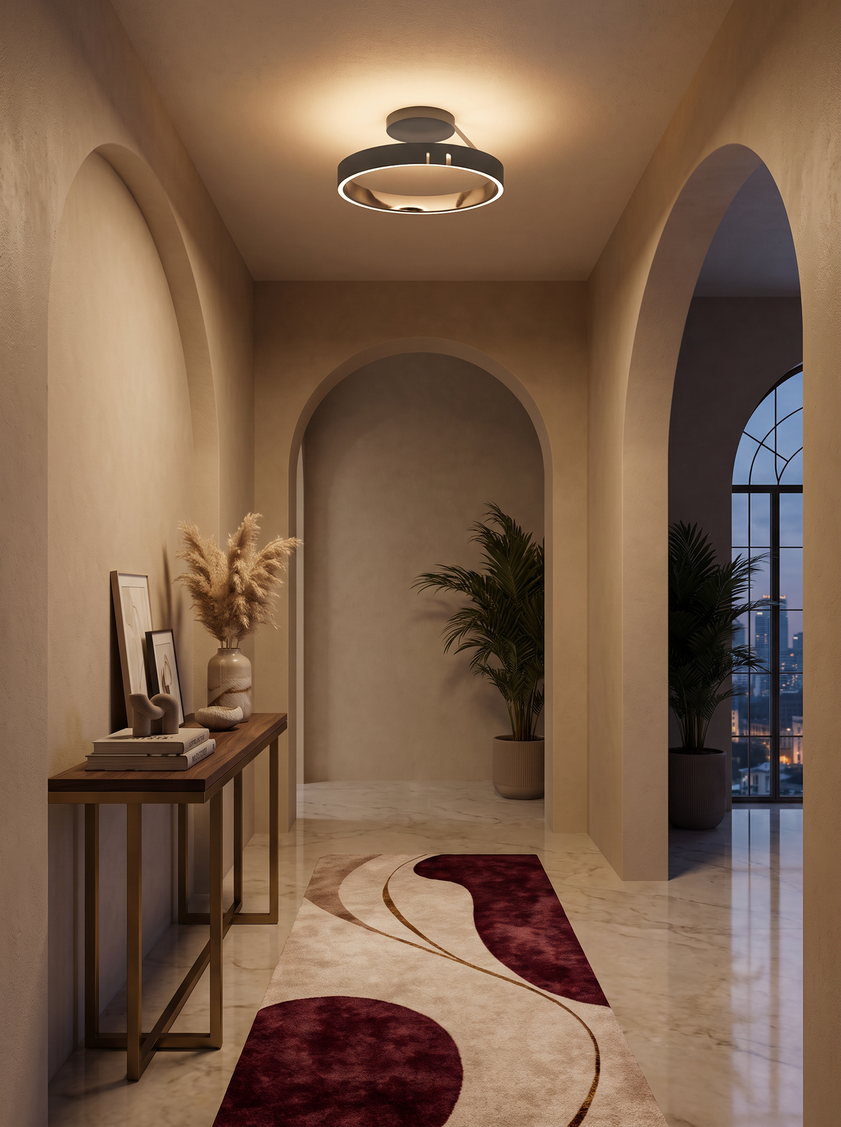 Flush ceiling fixture lighting a hallway