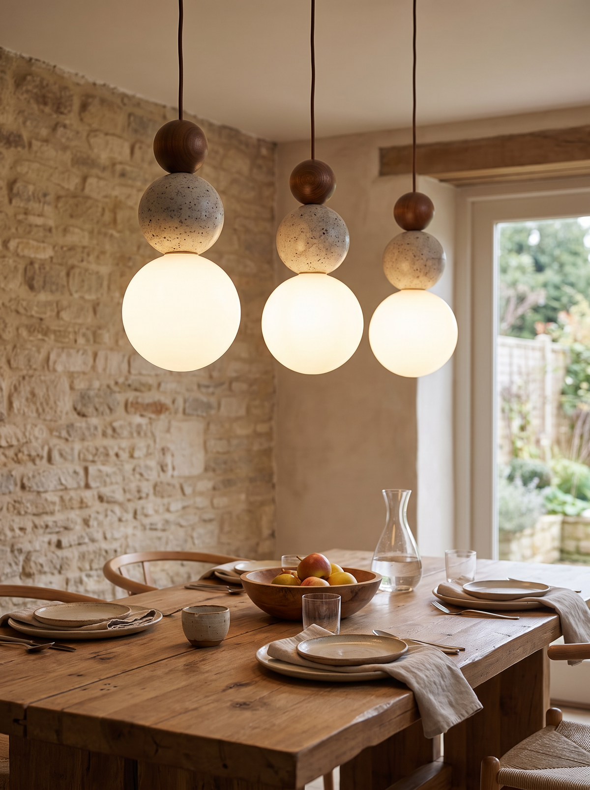 Stone pendant light hanging above a dining table