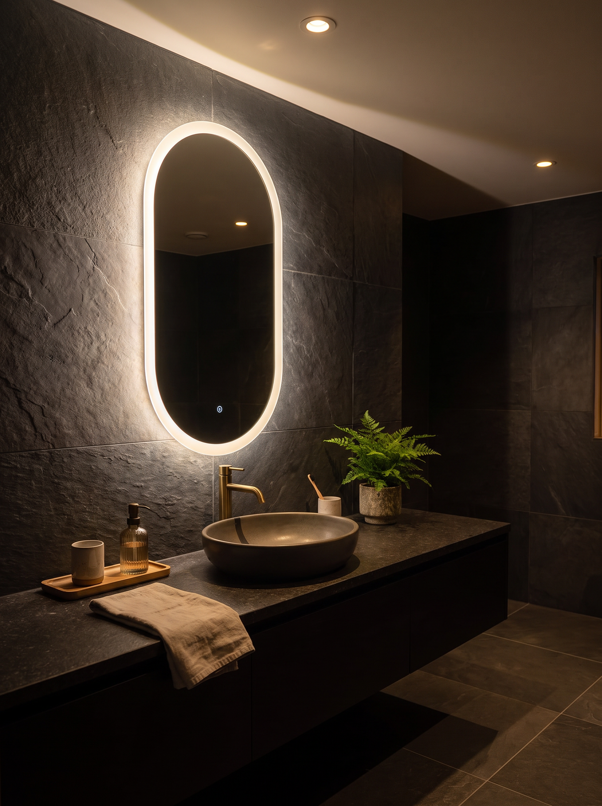 Backlit glow behind an oval bathroom mirror