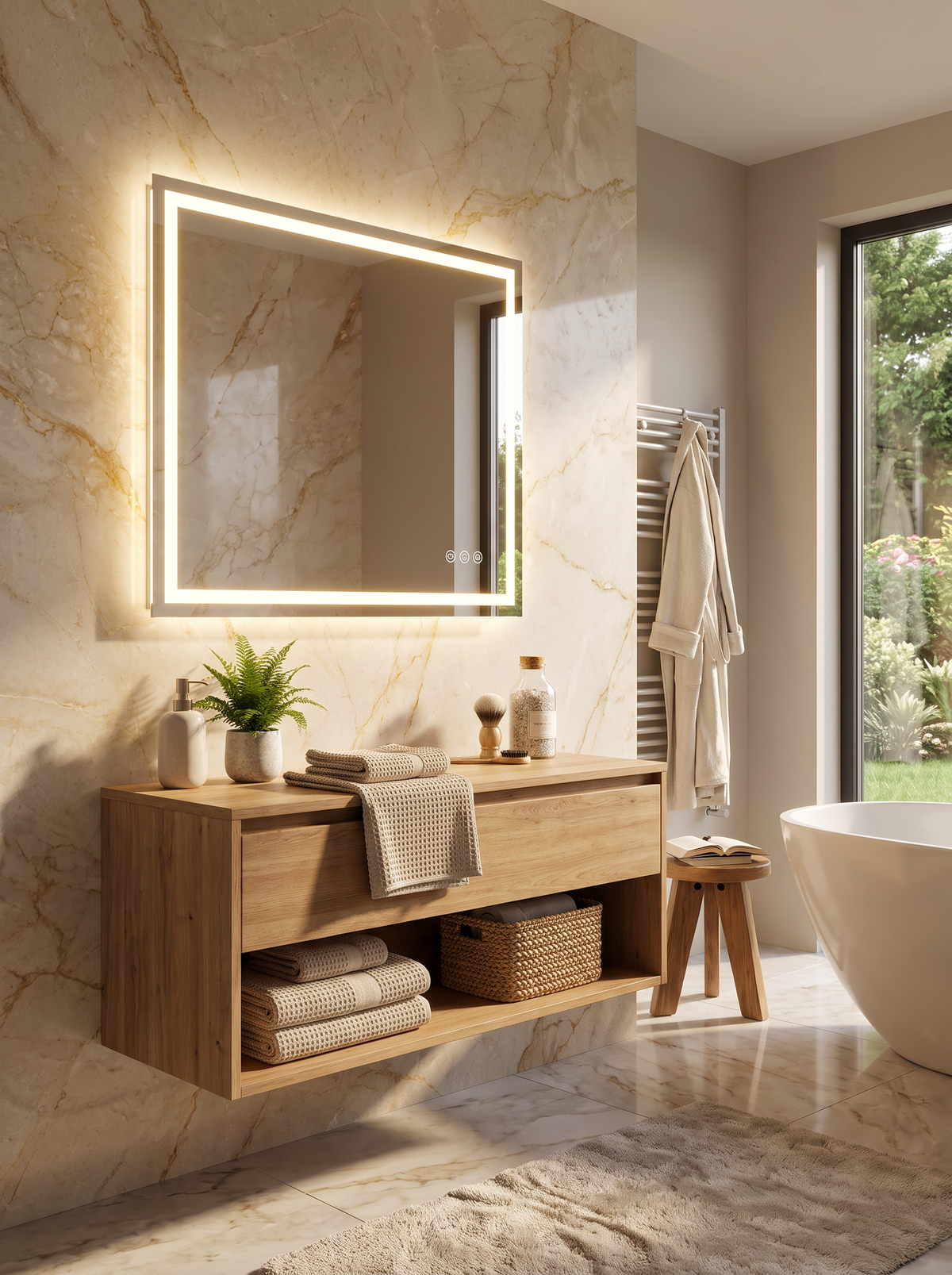 Frameless LED bathroom mirror on a tiled wall