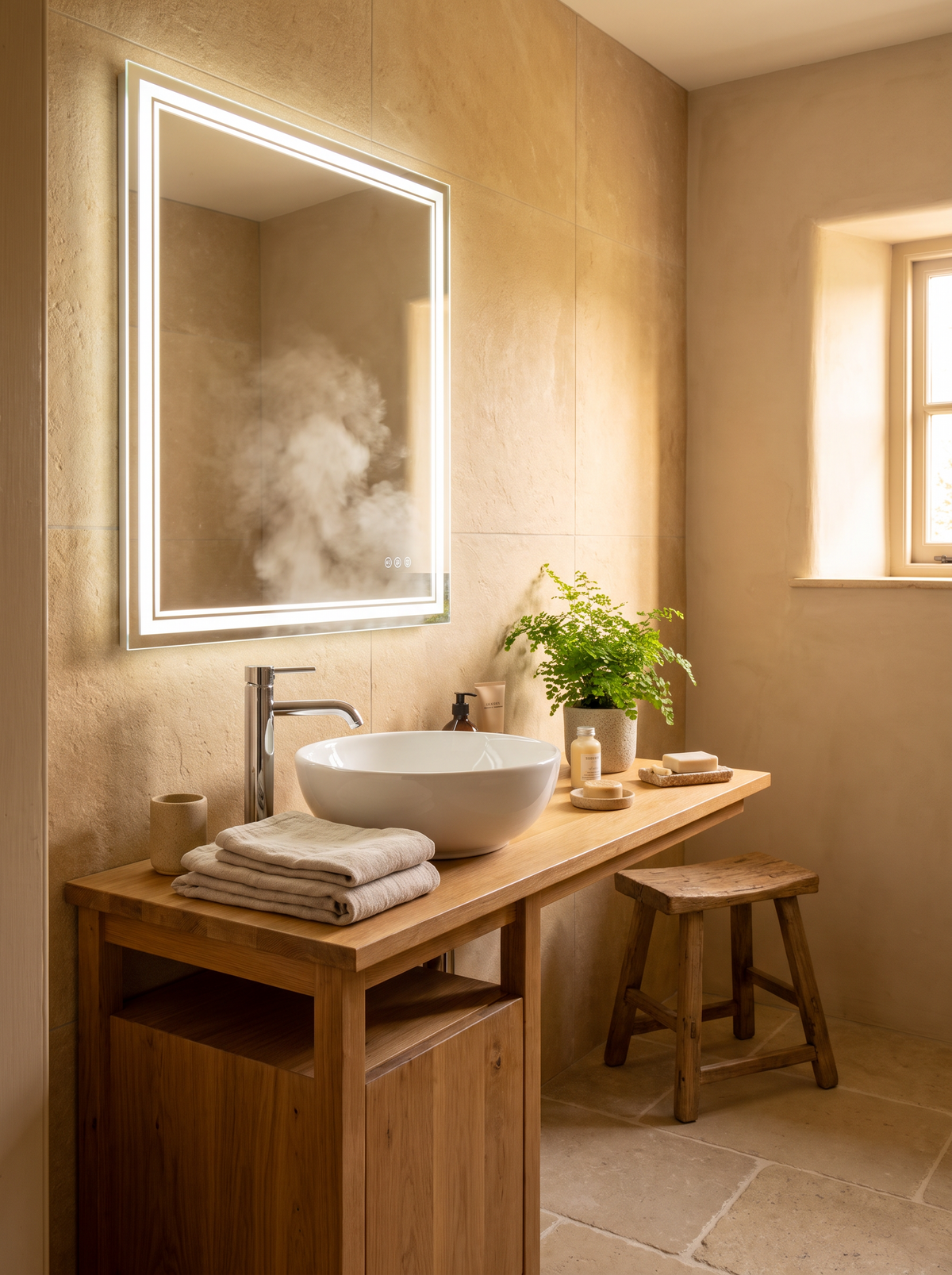 Frameless lit mirror opening up a small bathroom