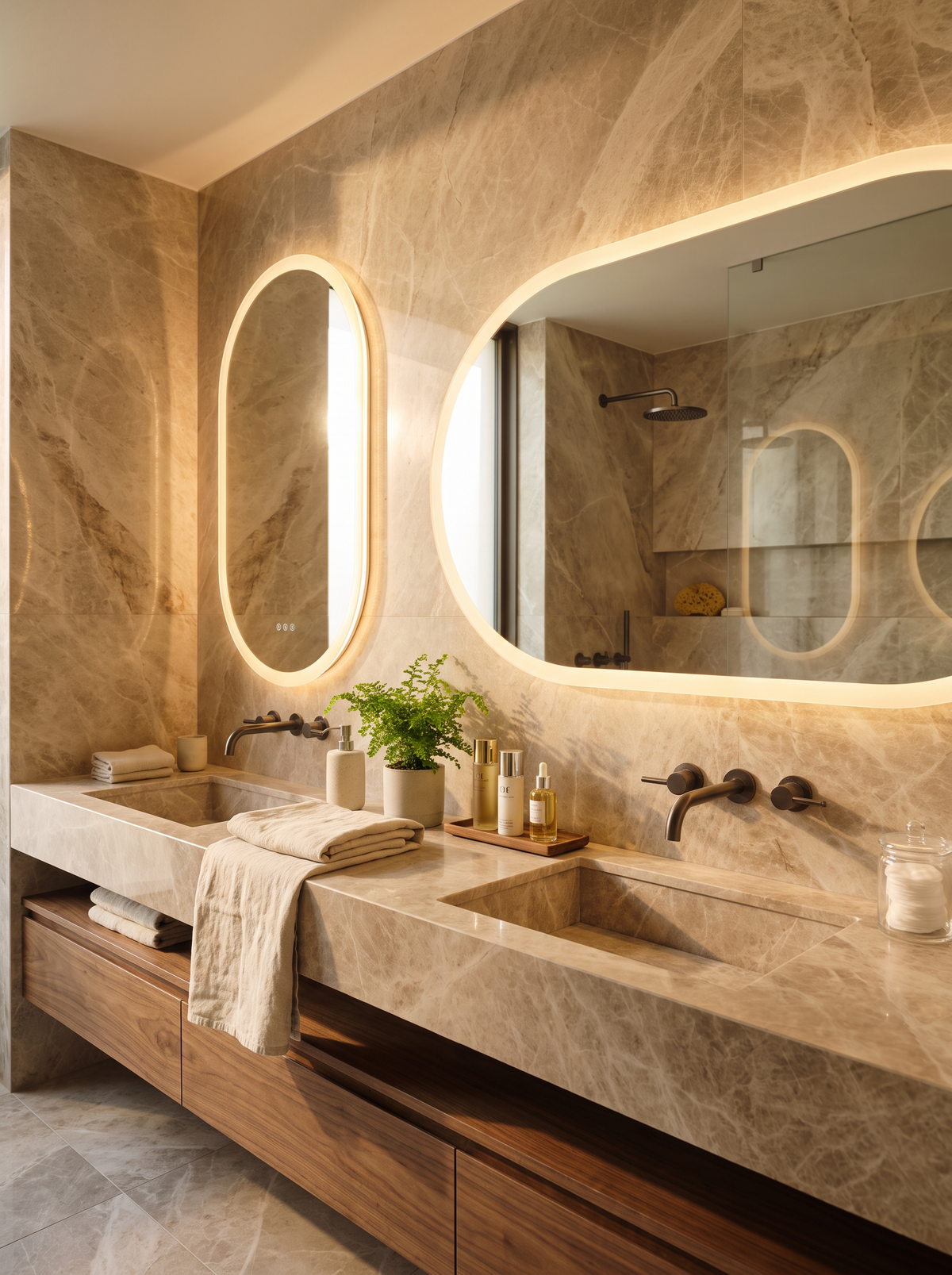 Oval backlit mirror softening a bathroom