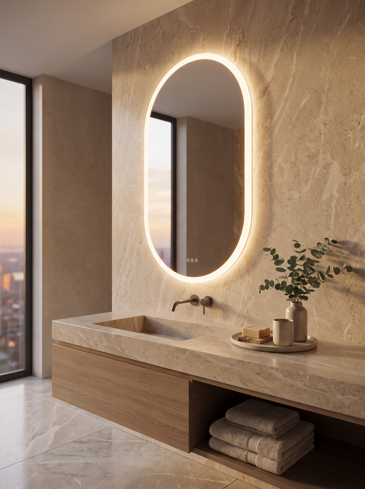 Oval LED mirror above a bathroom basin