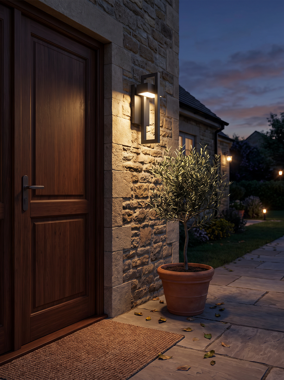 Aluminium outdoor wall light beside a front door at dusk