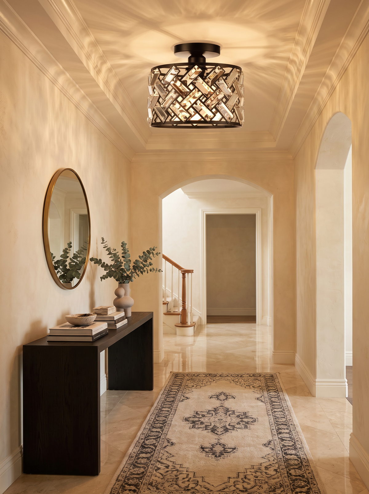 Crystal ceiling light on a hallway landing