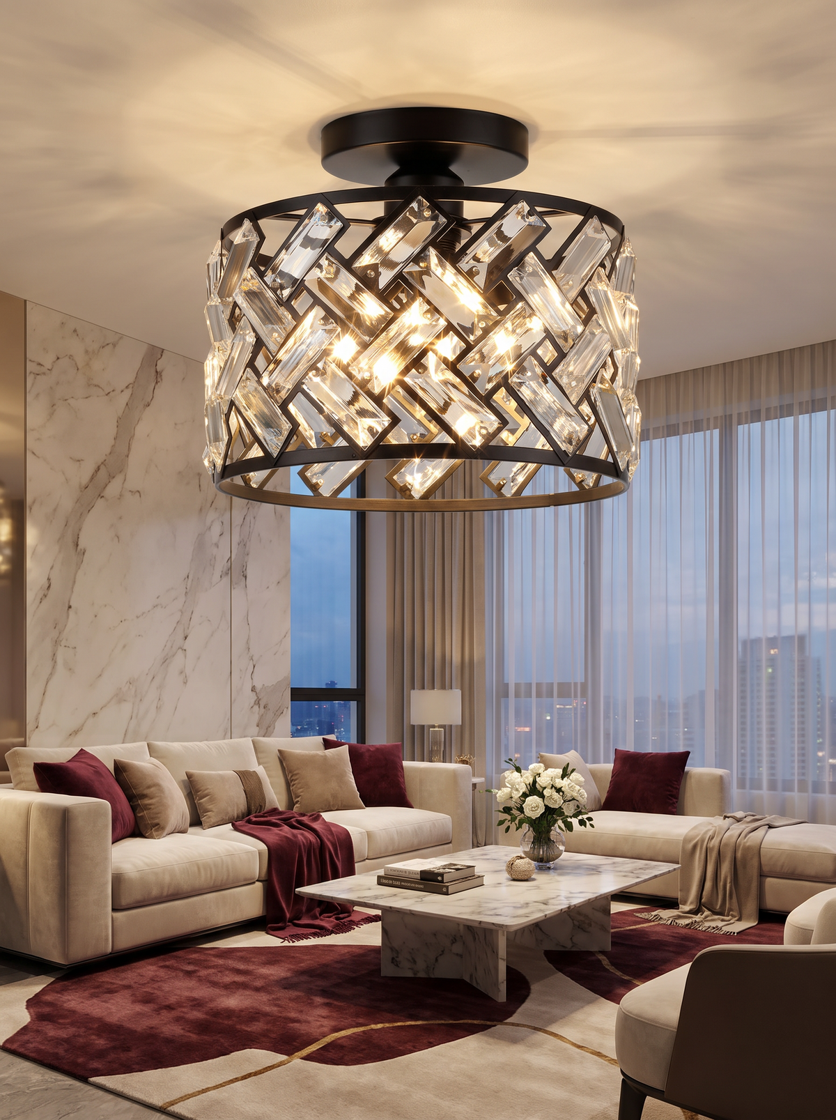 Crystal semi flush ceiling light in a room