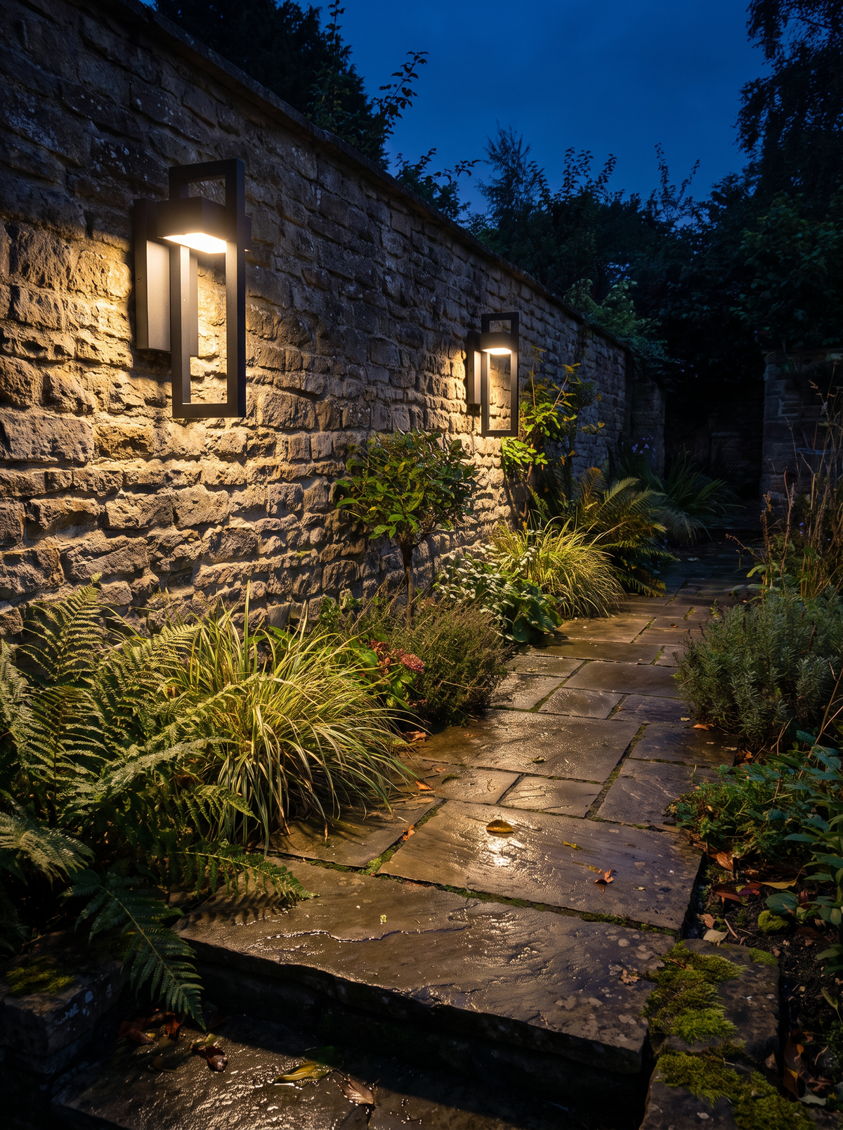 Pair of outdoor wall lights along a garden wall at night