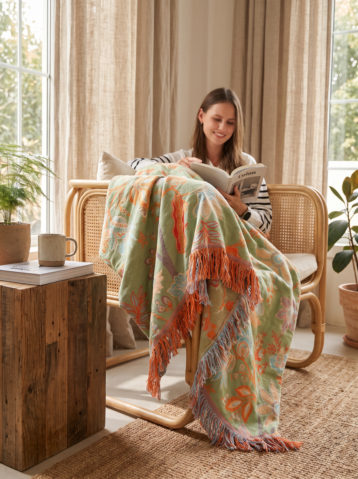 Floral Boho Fringe Throw Blanket lifestyle 1