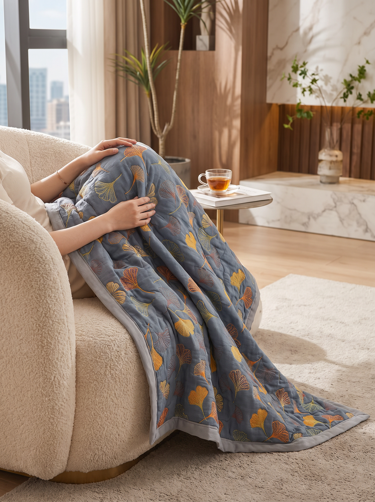 Reversible leaf pattern throw blanket c3