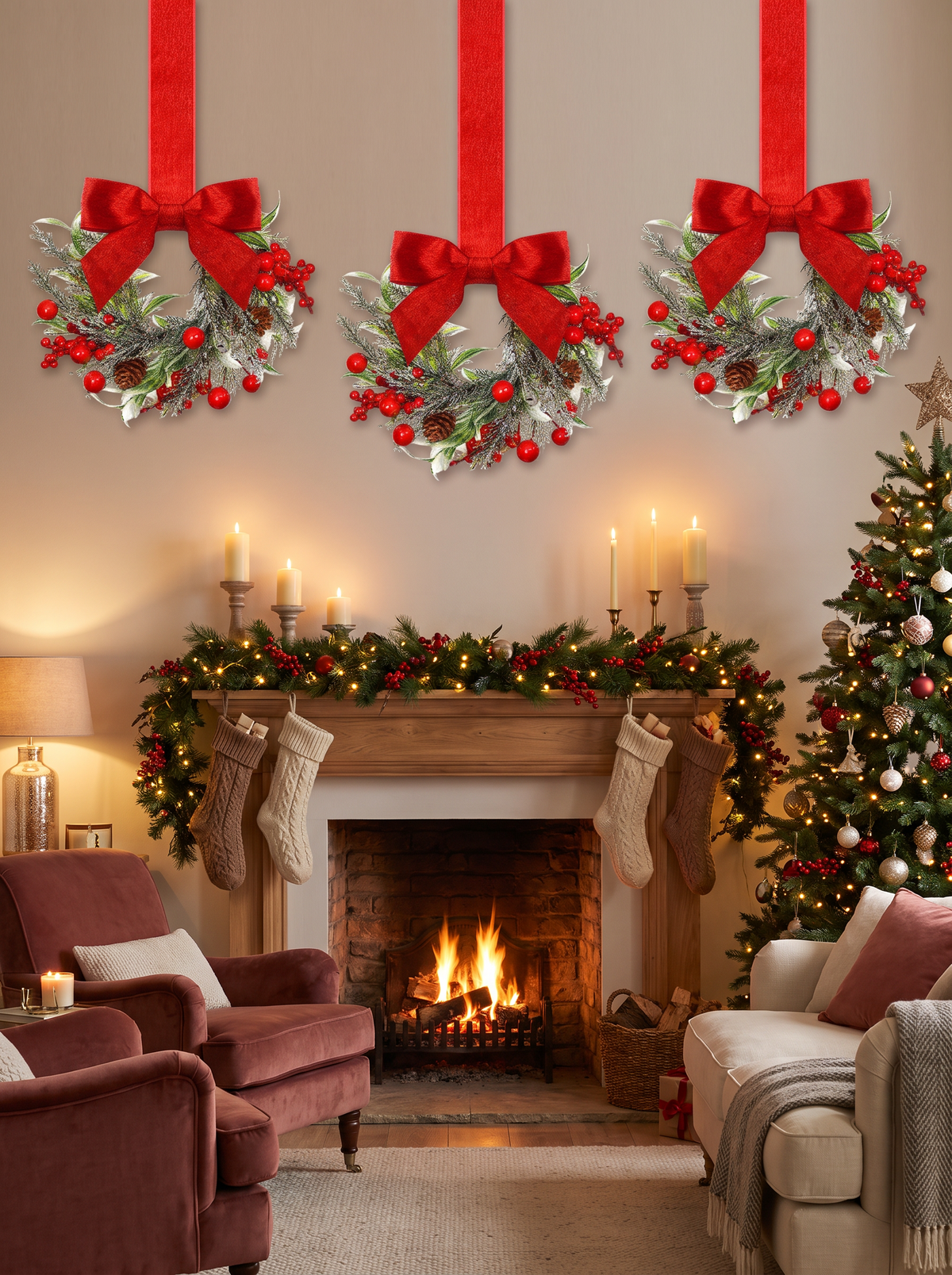 Red bow pinecone Christmas wreath b3