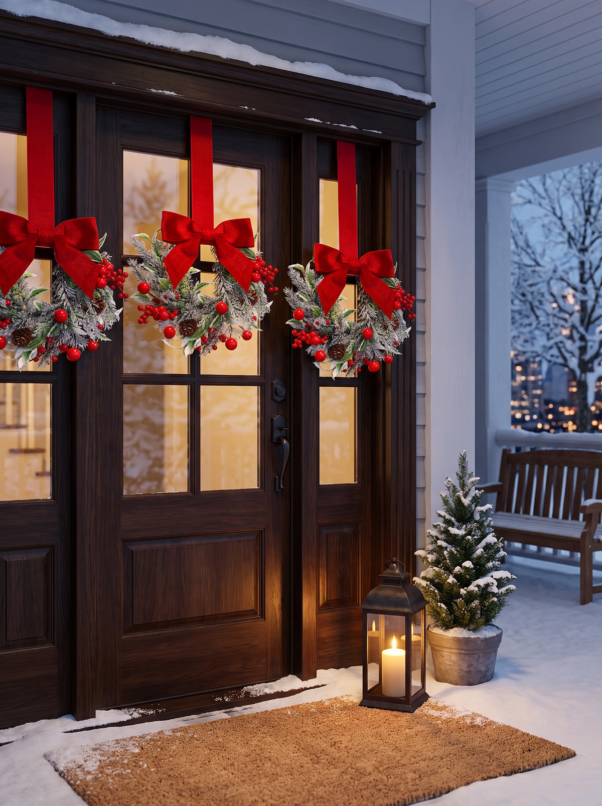 Red bow pinecone Christmas wreath b1