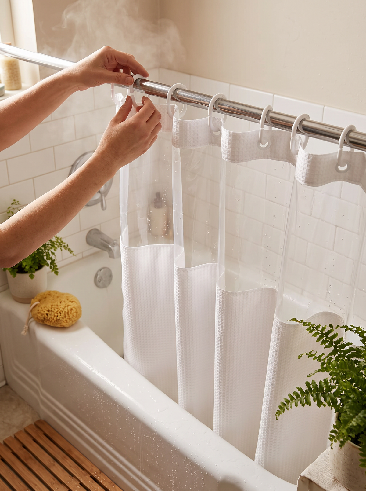 Waffle fabric double layer shower curtain 1