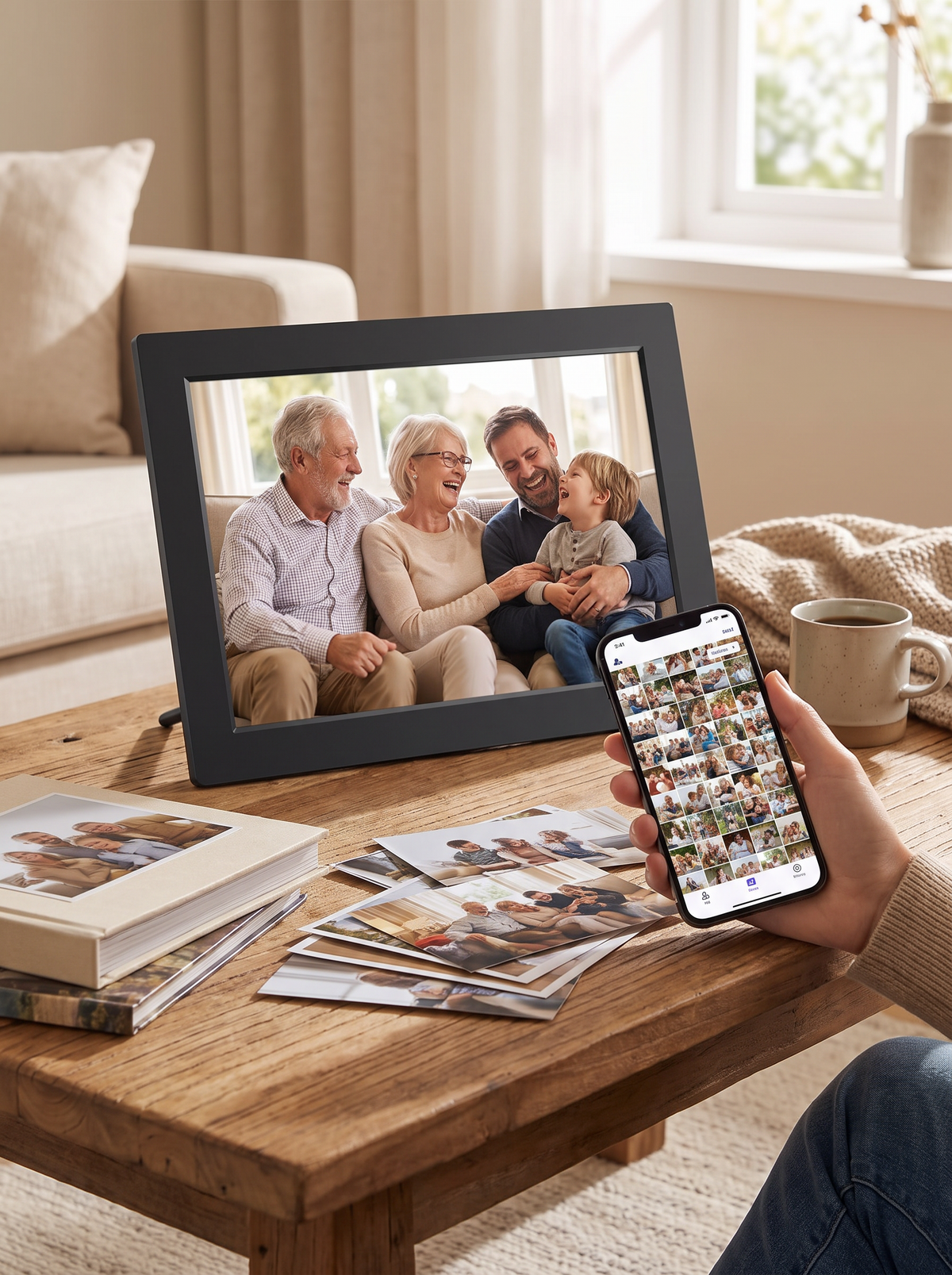 Digital photo frame in a living room setting