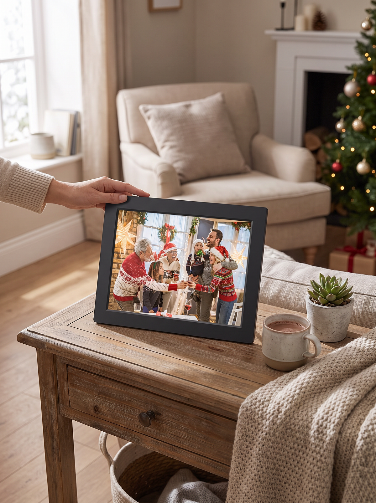 Memora WiFi digital photo frame on a shelf