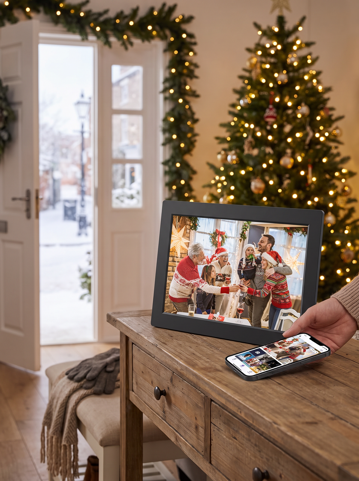 Digital photo frame displaying family photos