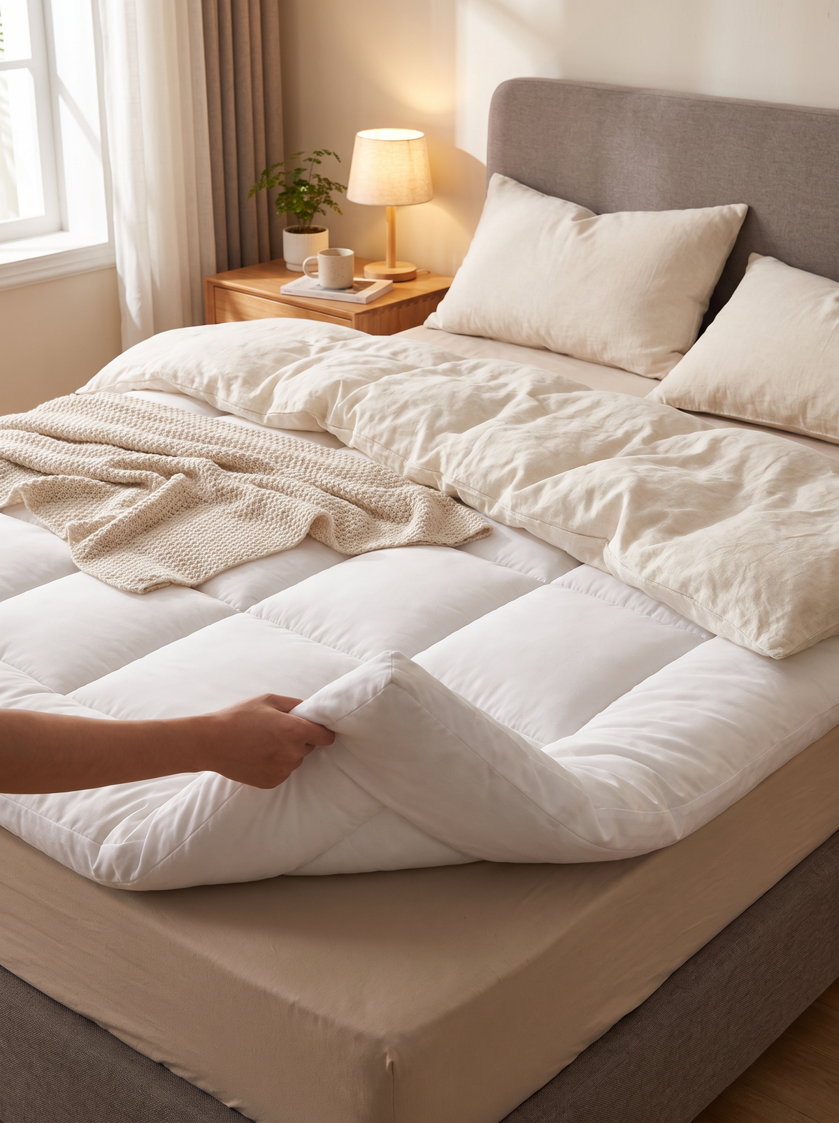 Pillow top mattress topper on a made bed
