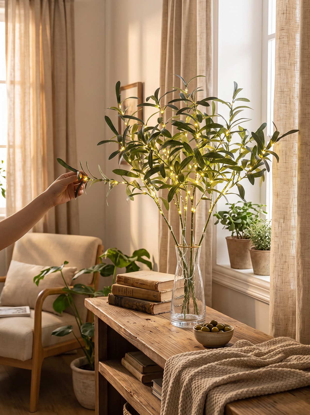 Branch floral light in an evening room