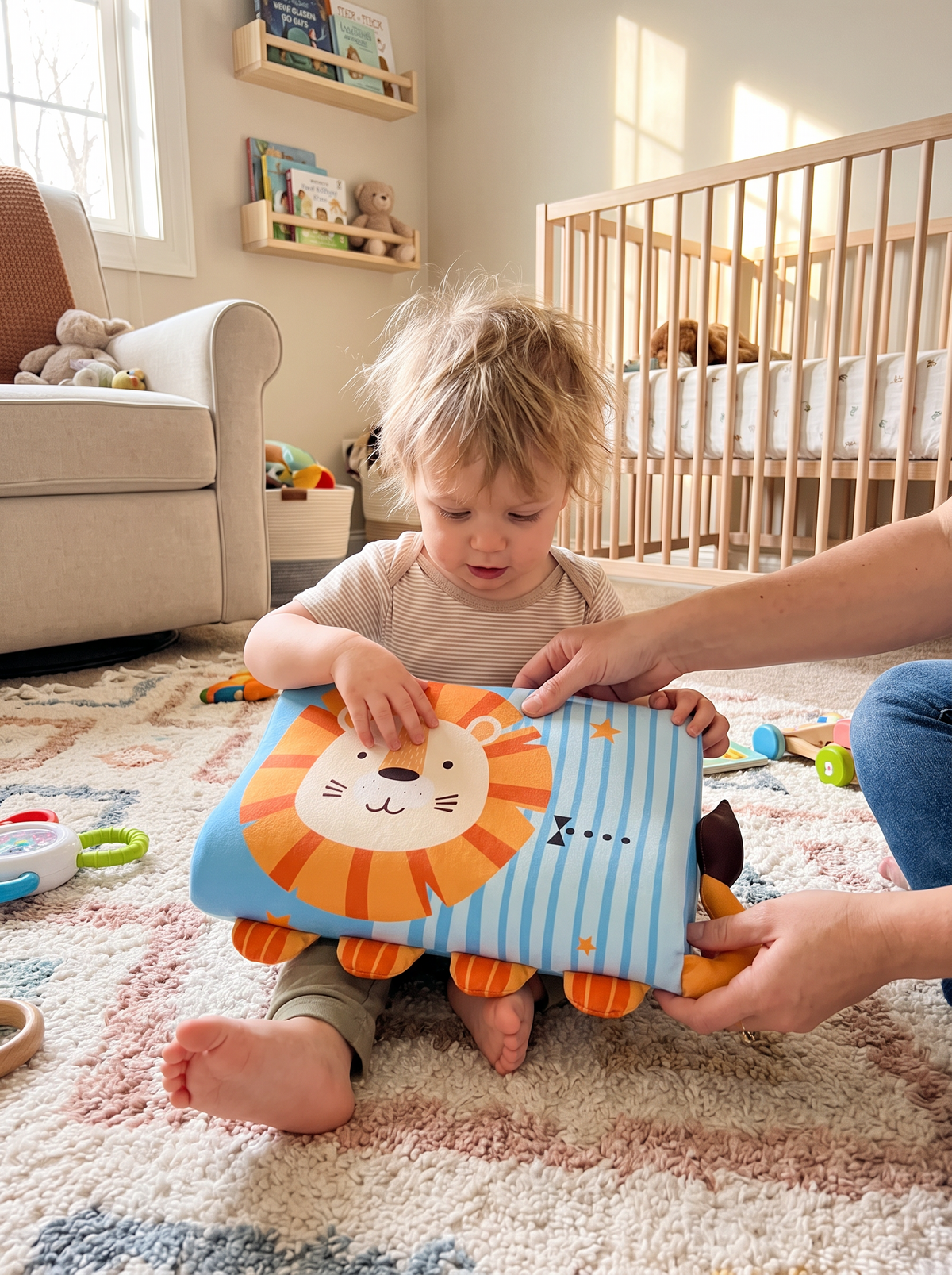 Toddler sensory calming pillow in a playroom