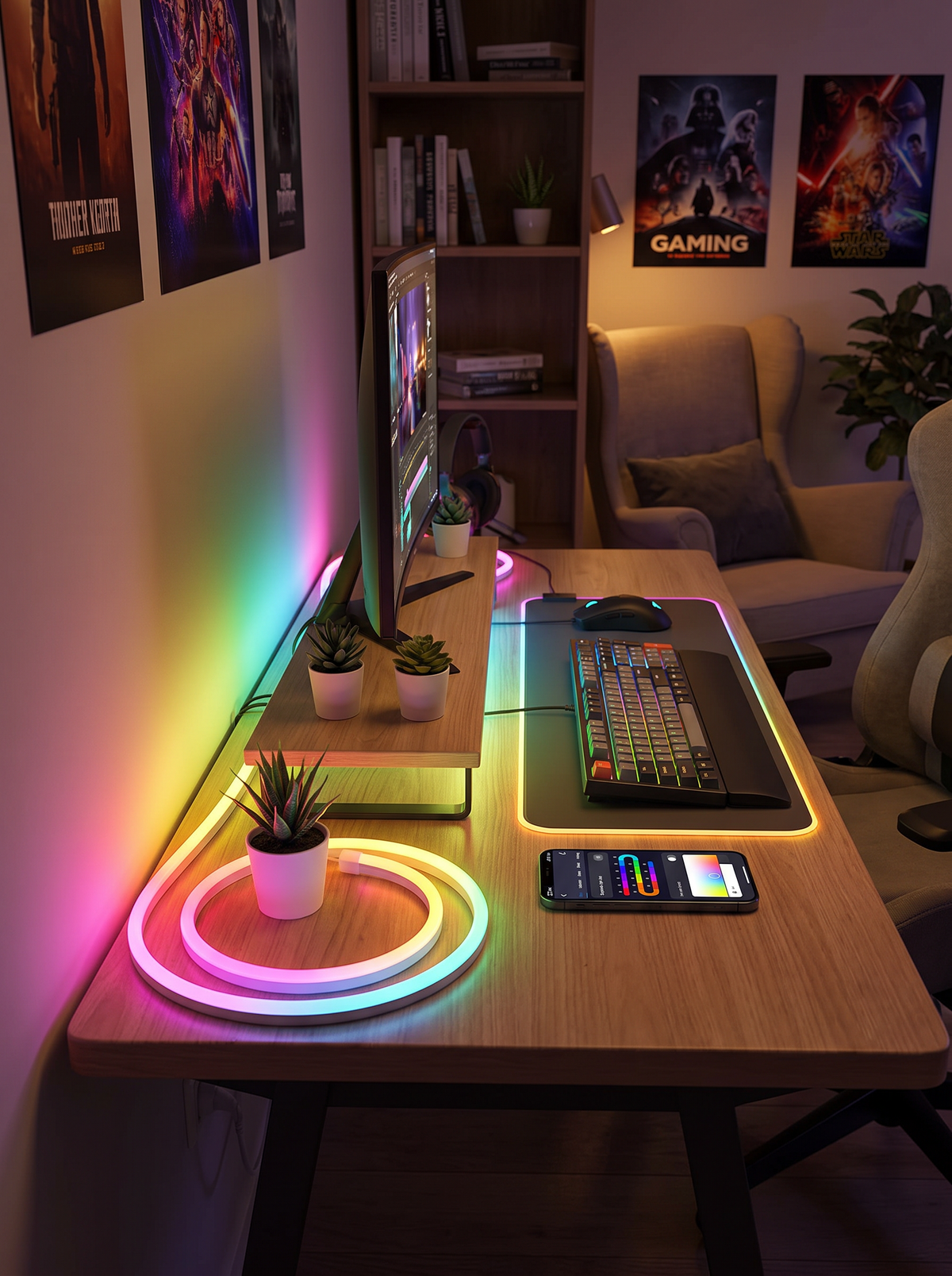 Neon RGB LED strip rope lights along a wall