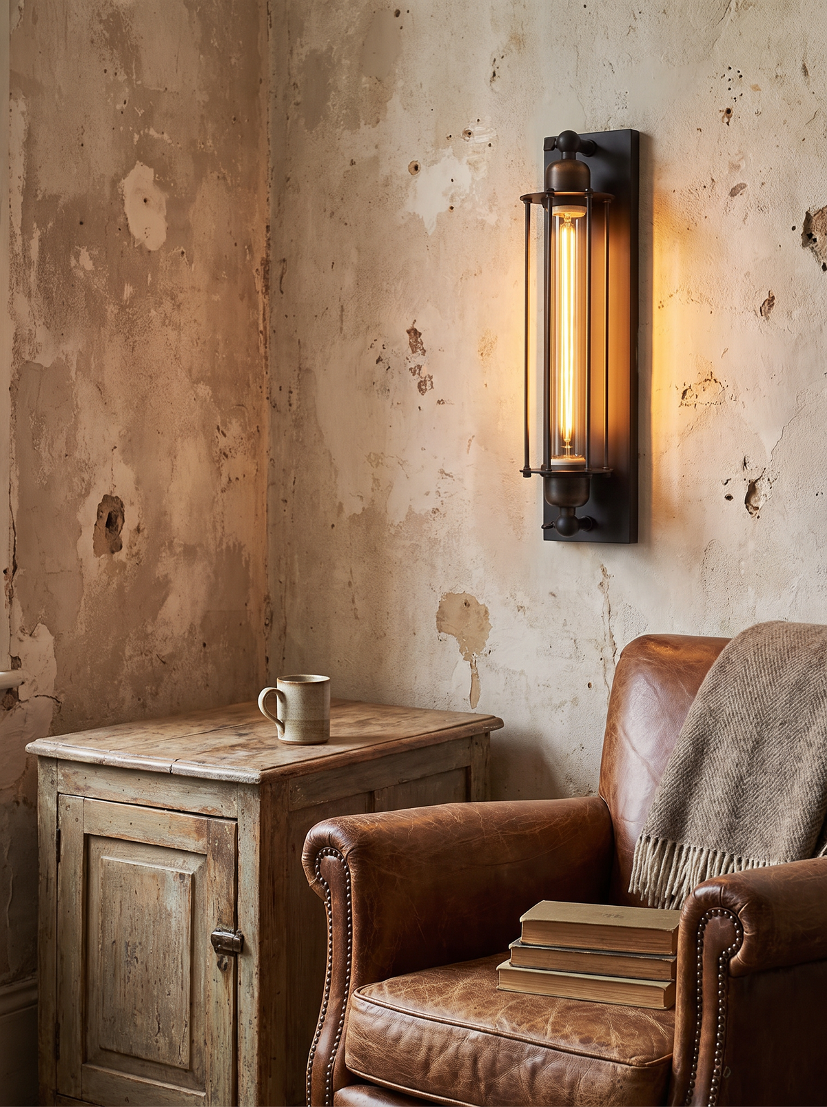 Vintage metal LED wall sconce lit on a wall