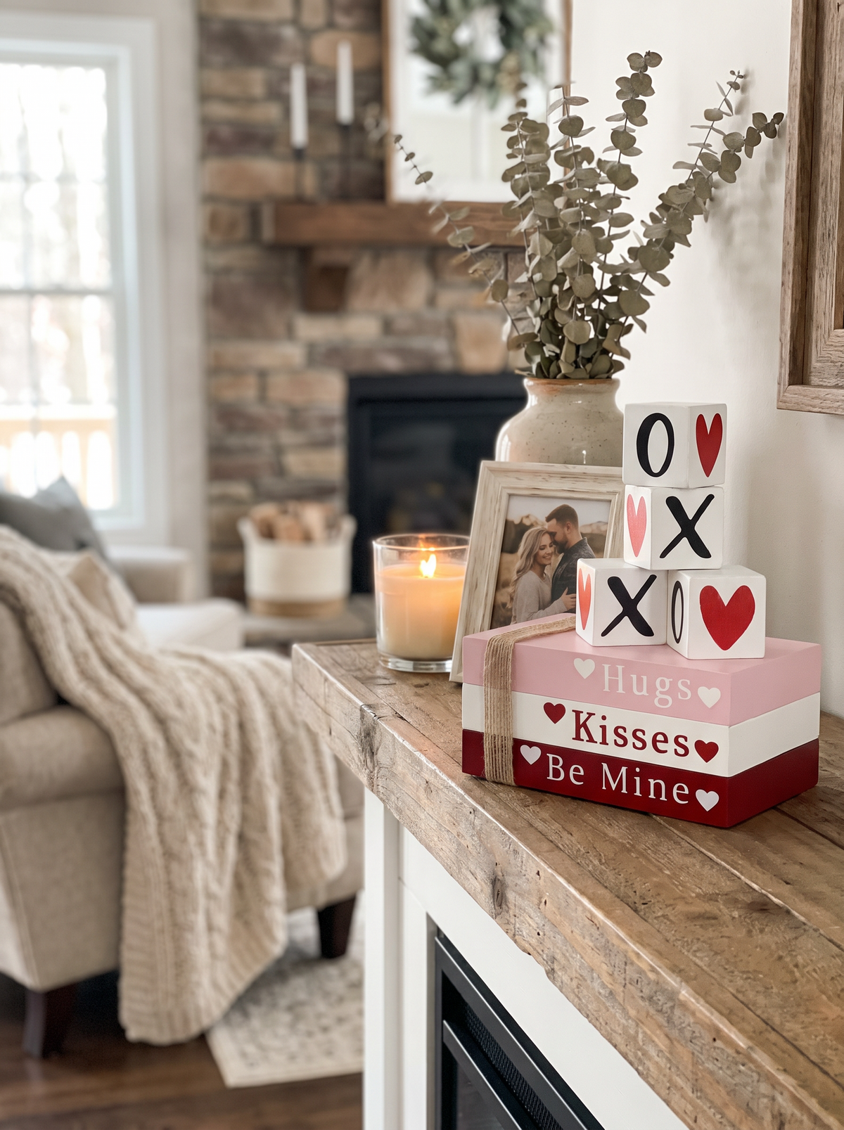 Wooden book stack decor detail