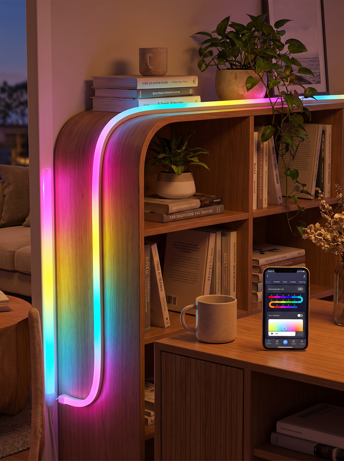 Neon rope lights in a bedroom at night