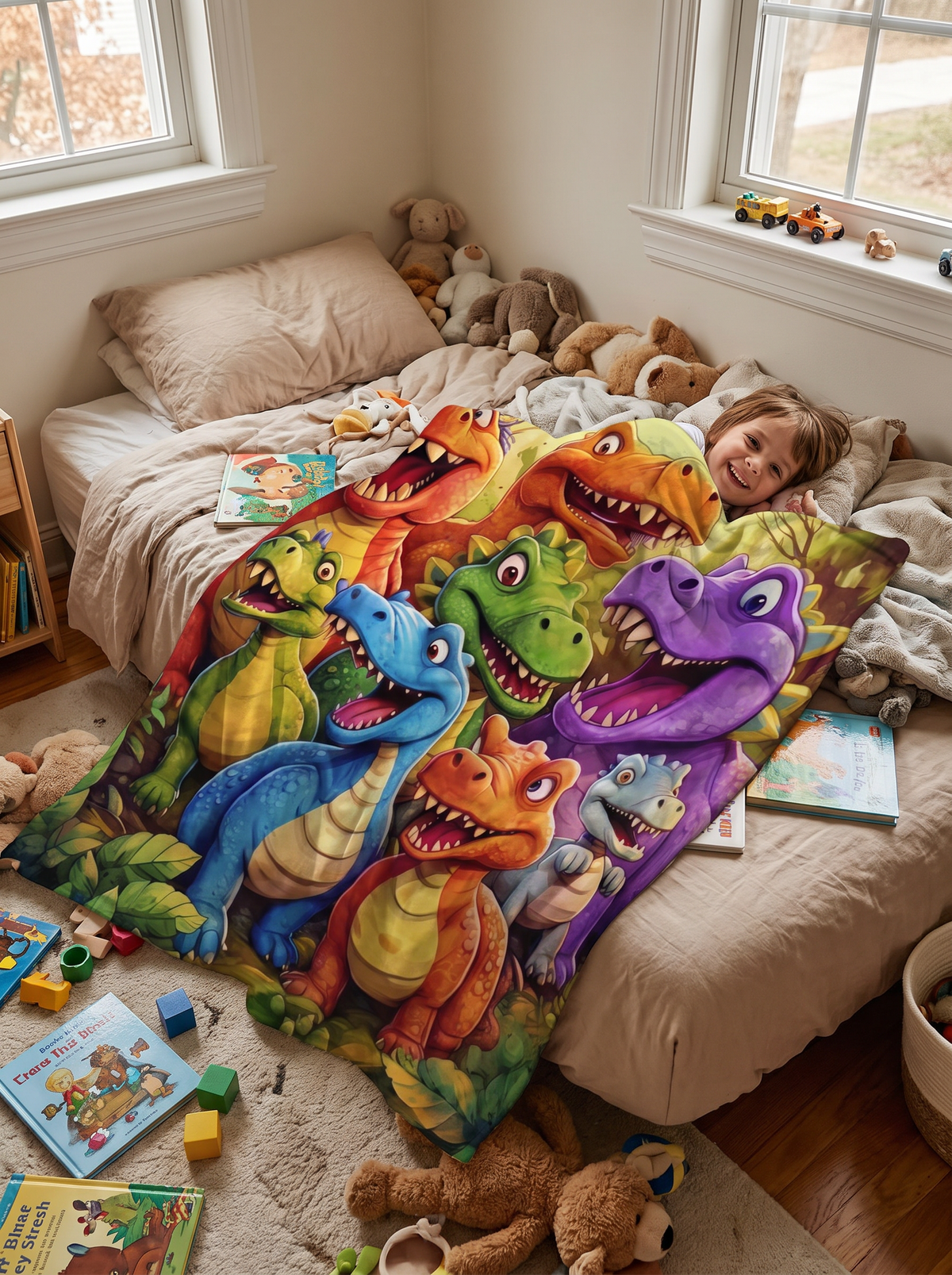 Dinosaur kids fleece throw blanket on a bed