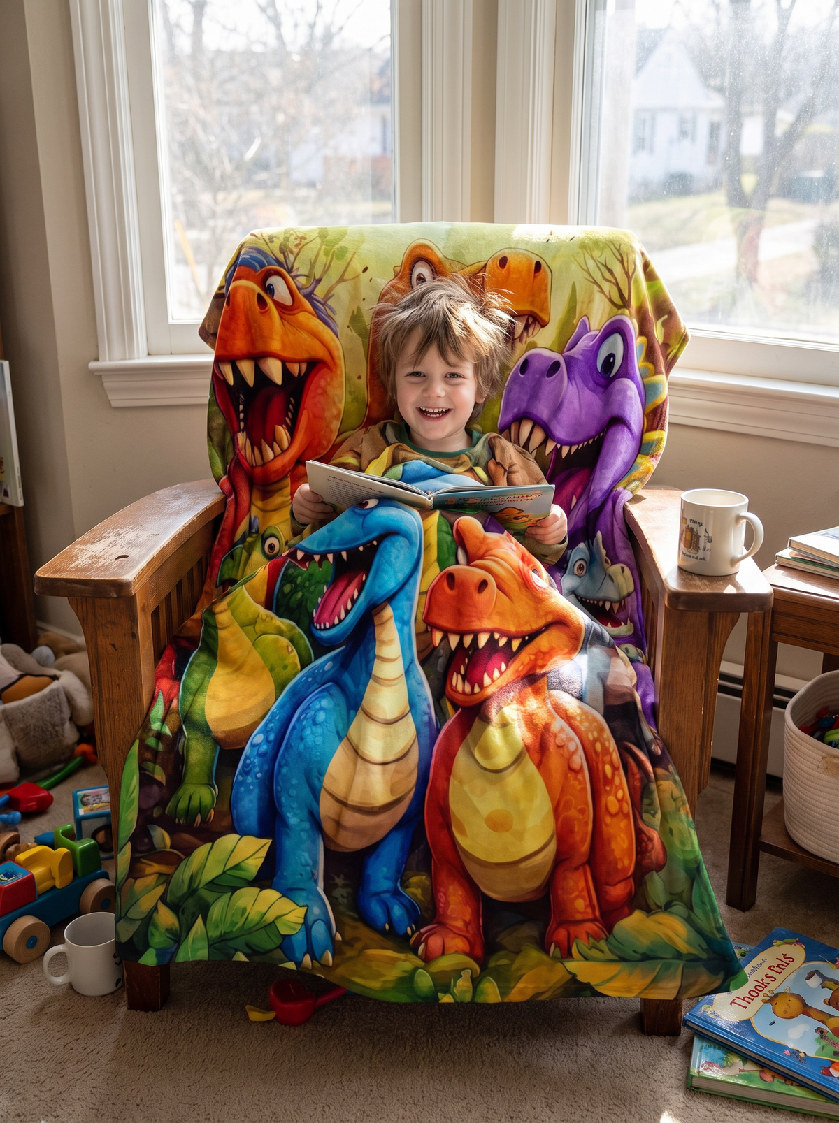Child wrapped in a dinosaur fleece blanket