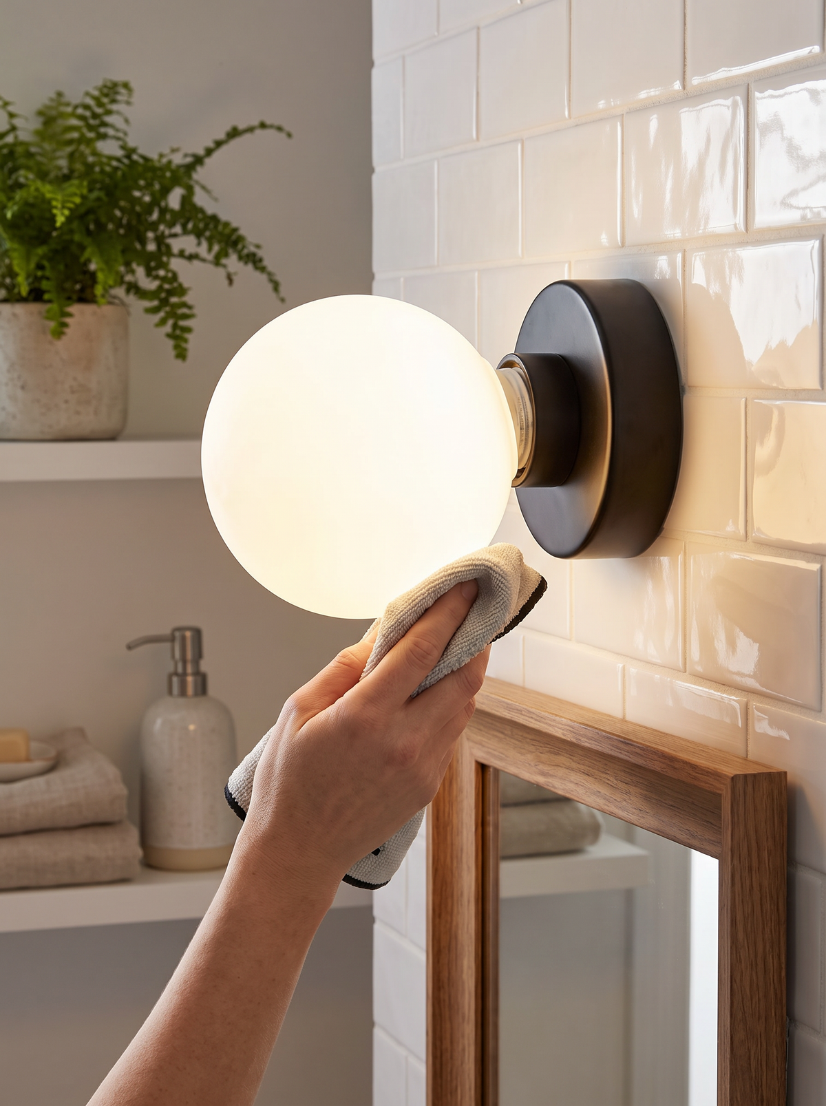 Glass globe sconce beside a bed