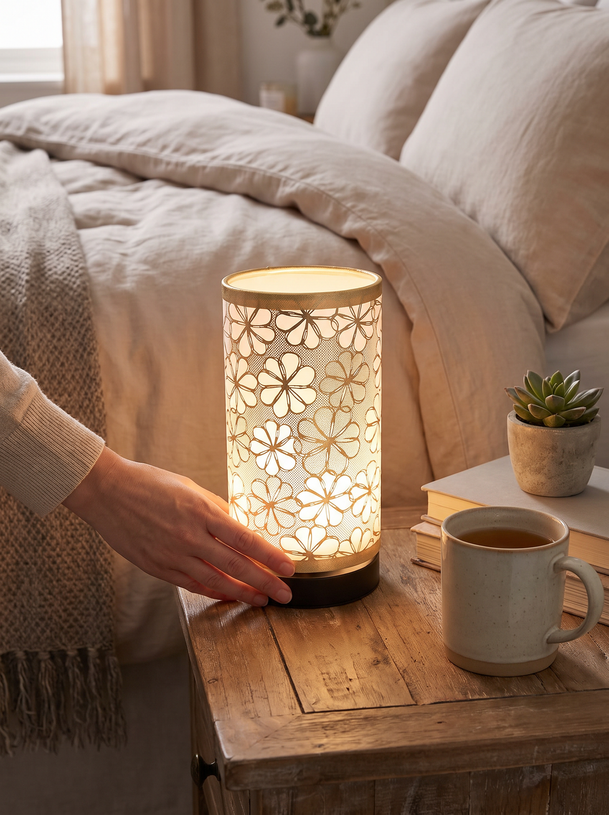 Floral accent lamp on a bedside table