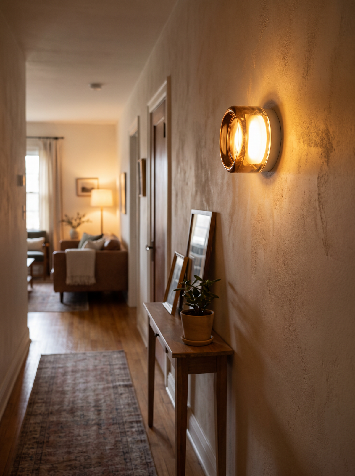 Solaria sconce shallow profile in a hallway