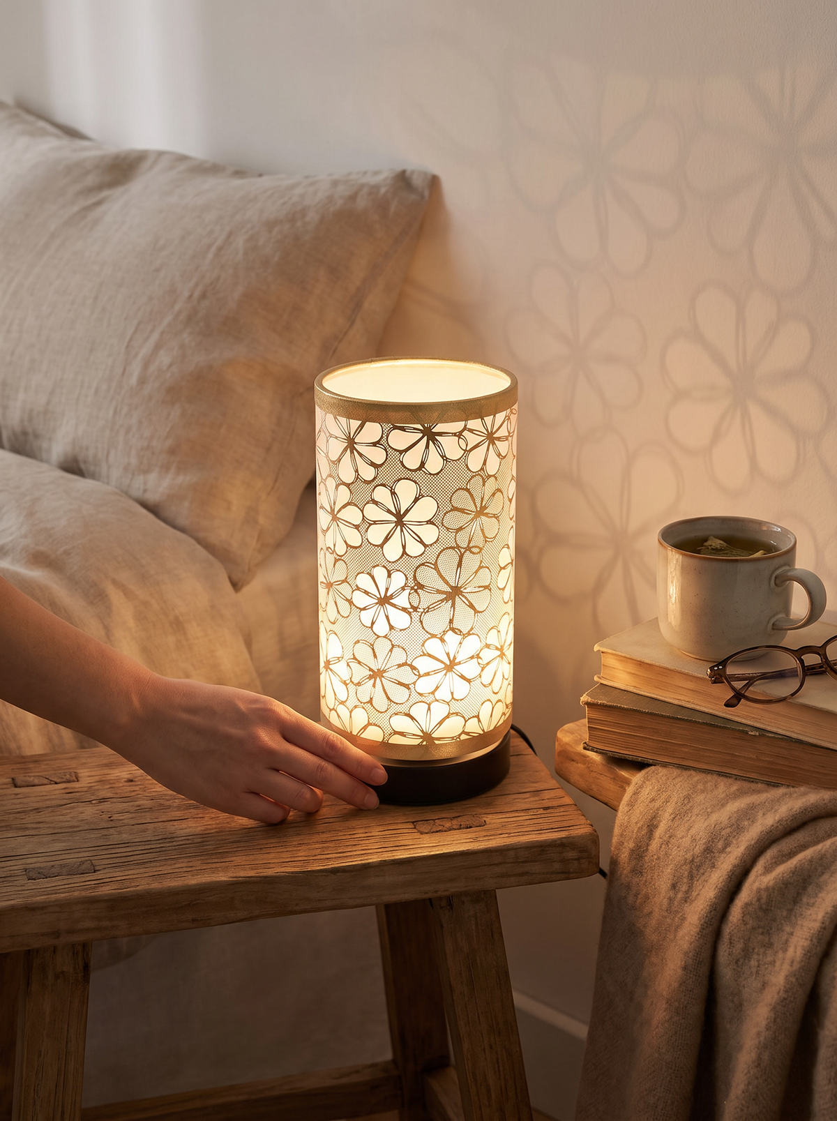Floral accent lamp glowing between petals