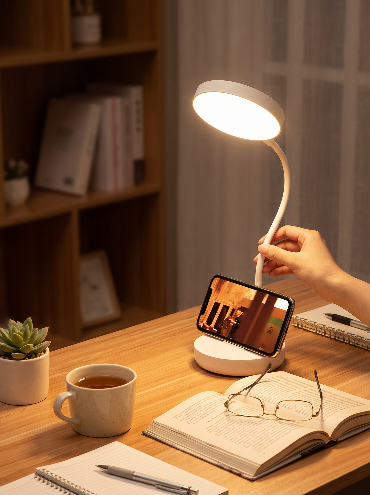 Desk lamp warm light over a workspace