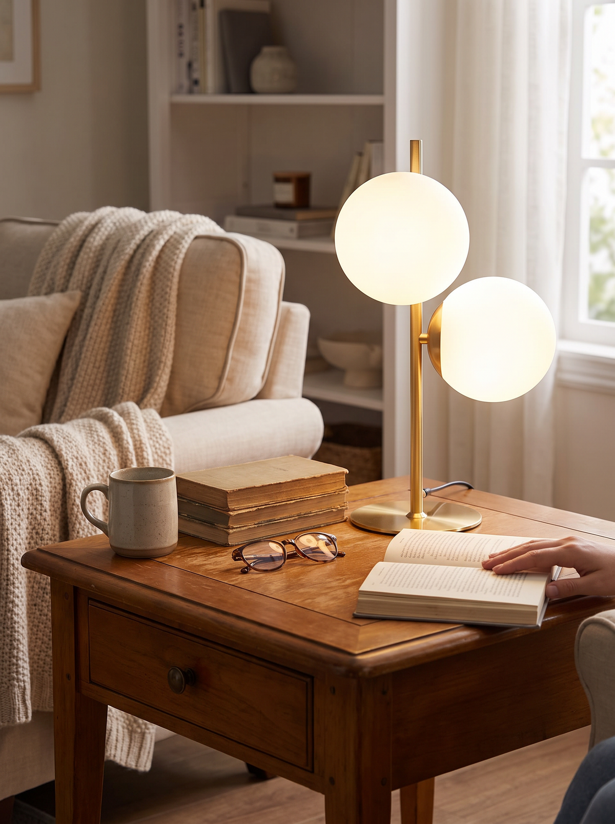 Globe table lamp beside a bed