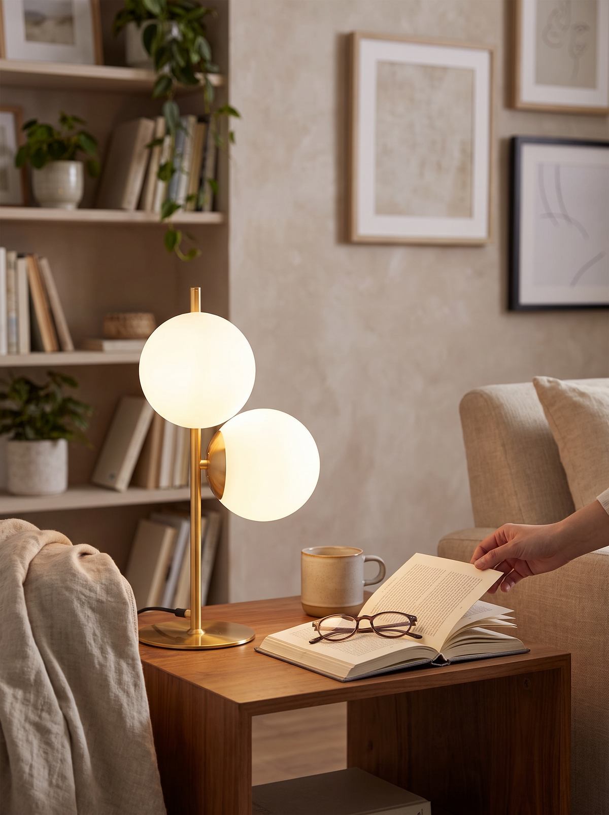 Golden globe glass table lamp on a console
