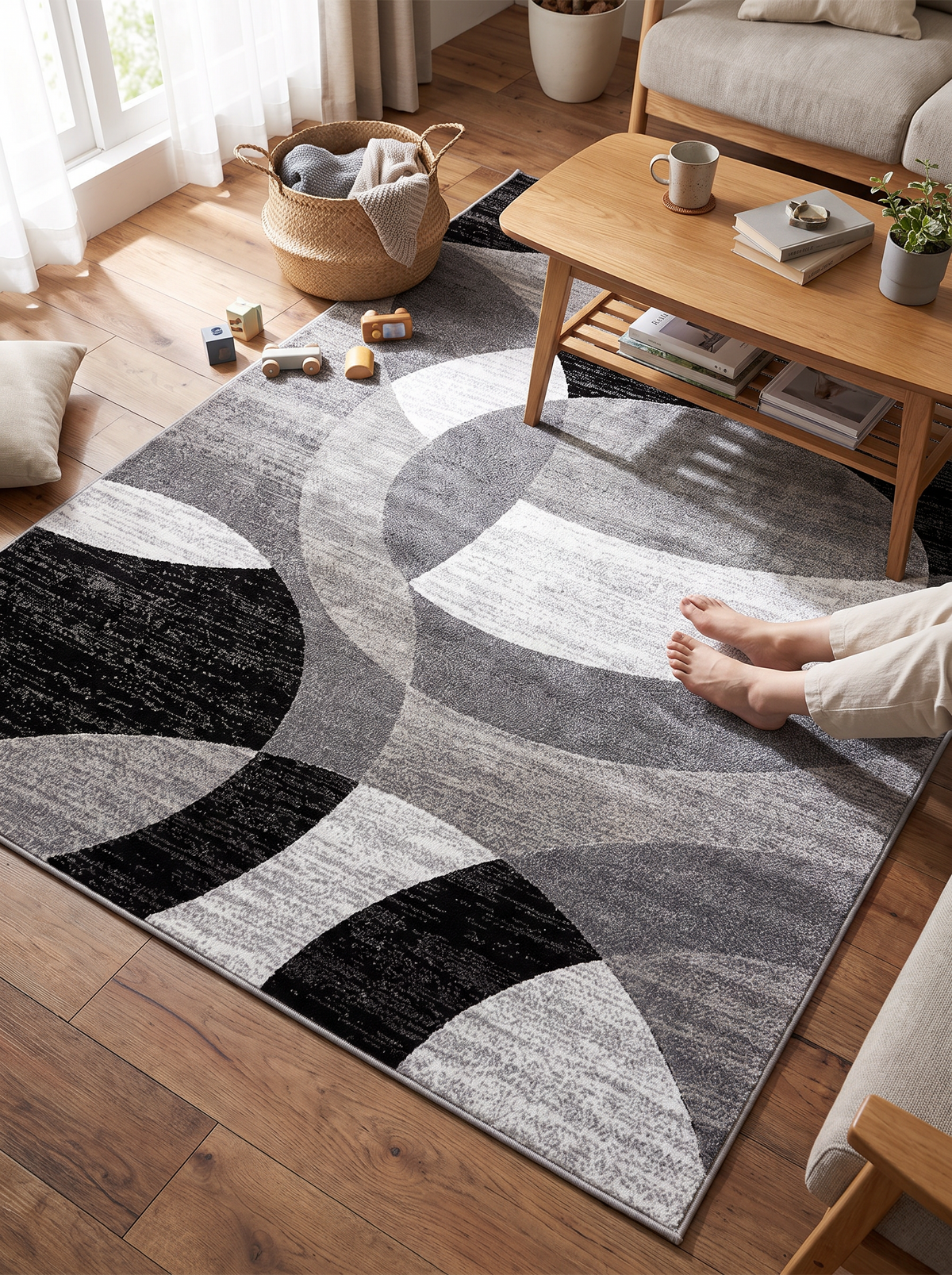 Orbit weave geometric velvet rug in a living room