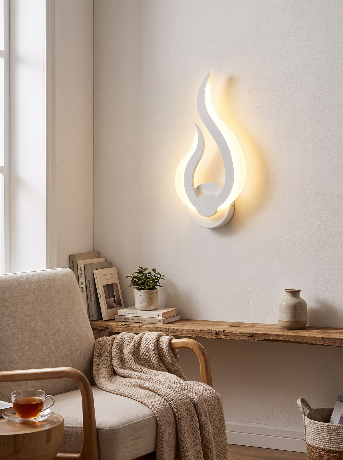 Flame effect LED wall light beam widening up a wall