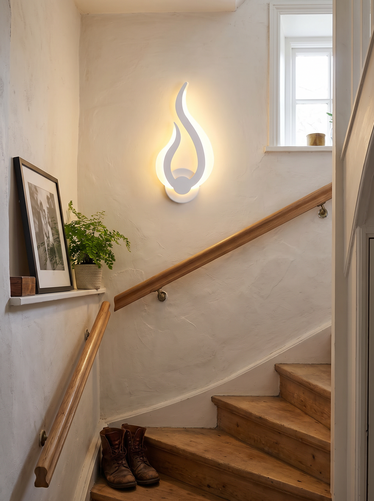 Flame effect wall light lighting a stairwell